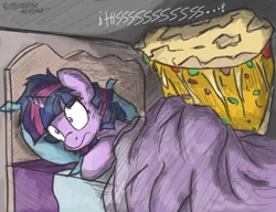 Size: 1100x844 | Tagged: safe, artist:flutterthrash, derpibooru import, twilight sparkle, twilight sparkle (alicorn), alicorn, pony, bed, dream, female, food, mare, nightmare, quesadilla, quesadilla monster, scared, sleeping, they're just so cheesy, wide eyes