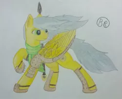 Size: 1024x832 | Tagged: safe, artist:blastradiuss, derpibooru import, oc, oc:radiant resplendence, unofficial characters only, pegasus, pony, ponyfinder, armor, cleric, clothes, dungeons and dragons, pathfinder, pen and paper rpg, rpg, scarf, solo, spear, weapon