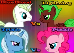 Size: 504x360 | Tagged: safe, derpibooru import, pinkie pie, trixie, oc, oc:blue blood, oc:lightning, pony, unicorn, pony creator, female, mare