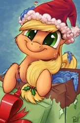 Size: 1300x2000 | Tagged: safe, artist:pirill, derpibooru import, applejack, derpy hooves, earth pony, pegasus, pony, bow, box, christmas, cute, female, hat, holiday, holly, jackabetes, mare, pony in a box, present, santa hat, smiling, solo focus, weapons-grade cute