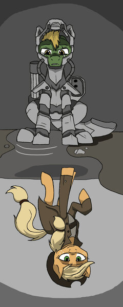 Size: 1000x2496 | Tagged: safe, artist:whitepone, derpibooru import, applejack, oc, oc:applesnack, oc:steelhooves, earth pony, pony, fallout equestria, fanfic, armor, clothes, coat, crying, duality, fanfic art, female, gun, hat, hooves, male, mare, ministry mares, power armor, powered exoskeleton, puddle, scar, stallion, weapon