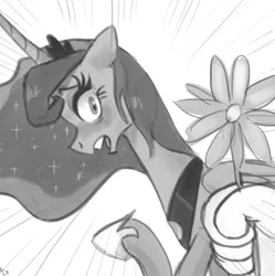 Size: 664x666 | Tagged: safe, artist:ehfa, derpibooru import, princess luna, alicorn, human, pony, duo, female, flower, grayscale, hand, looking back, mare, monochrome, offscreen character, raised hoof, simple background, solo, surprised, white background