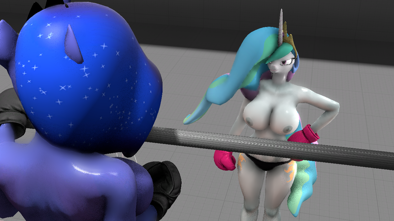 Size: 1280x720 | Tagged: 3d, alicorn, anthro, artist:isisazza, black underwear, boxing, boxing gloves, boxing ring, breasts, busty princess celestia, clothes, derpibooru import, female, foxy boxing, nipples, nudity, panties, princess celestia, princess luna, questionable, source filmmaker, underwear, wingless, wingless anthro