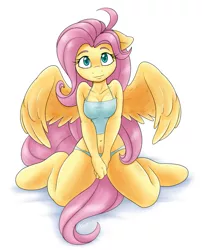 Size: 821x1018 | Tagged: adorasexy, alternate version, anthro, artist:ambris, belly button, blue underwear, breasts, busty fluttershy, cleavage, clothes, colored pupils, cute, derpibooru import, female, fluttershy, looking at you, midriff, multiple variants, panties, sexy, shyabetes, simple background, smiling, solo, solo female, suggestive, tanktop, underwear, unguligrade anthro, white background