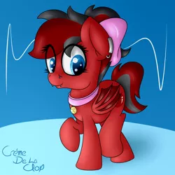 Size: 4000x4000 | Tagged: safe, artist:cremedelaclop, derpibooru import, oc, oc:cherry bomb, unofficial characters only, bat pony, pony, bat wings, blue eyes, bow, collar, fangs, female, hair bow, mare, pet tag, piercing, solo, wings