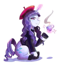 Size: 600x645 | Tagged: artist:tzc, beatnik, beatnik rarity, clothes, cup, derpibooru import, food, hat, long tail, looking at you, magic, rarity, safe, simple background, solo, steam, tea, white background