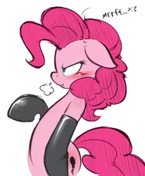Size: 411x500 | Tagged: suggestive, artist:0r0ch1, color edit, derpibooru import, edit, edited edit, pinkie pie, earth pony, pony, annoyed, bipedal, blushing, clothes, colored, female, kinkie pie, mare, solo, solo female, stockings, thigh highs