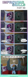 Size: 2480x6793 | Tagged: safe, artist:bcrich40, derpibooru import, lyra heartstrings, rainbow dash, twilight sparkle, pegasus, pony, unicorn, comic:improving skills, bed, blanket, comic, dialogue, female, improving skills, mare, night, pillow, unicorn twilight, wingboner