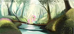 Size: 6578x2998 | Tagged: artist:tgolyi, derpibooru import, fluttershy, forest, river, safe, solo, tree trunk