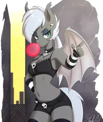 Size: 1280x1520 | Tagged: suggestive, artist:skecchiart, derpibooru import, oc, oc:snow drift, unofficial characters only, anthro, bat pony, alleyway, anthro oc, armpits, arm warmers, bat pony oc, belly button, bra, breasts, bubblegum, clothes, collar, earring, female, food, looking at you, midriff, piercing, pointing, shorts, skull, socks, solo, solo female, thigh highs, underwear