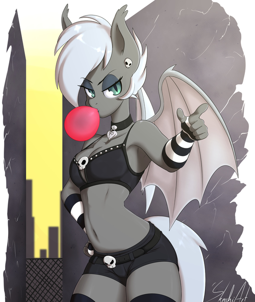 Size: 862x1024 | Tagged: suggestive, artist:skecchiart, derpibooru import, edit, oc, oc:snow drift, unofficial characters only, anthro, bat pony, alleyway, anthro oc, armpits, arm warmers, bat pony oc, belly button, bubblegum, clothes, collar, earring, female, food, looking at you, midriff, piercing, pointing, skull, socks, solo, solo female, thigh highs