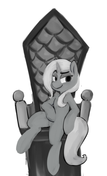 Size: 902x1482 | Tagged: safe, artist:thebirdiebin, derpibooru import, trixie, pony, unicorn, female, grayscale, mare, monochrome, simple background, sitting, solo, throne