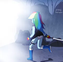 Size: 3121x3058 | Tagged: suggestive, artist:sumin6301, derpibooru import, rainbow dash, equestria girls, clothes, female, knife, panties, rainbutt dash, skirt, solo, solo female, starry underwear, sword, underwear, upskirt, weapon, white underwear