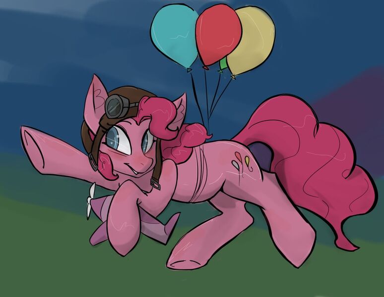 Size: 1172x908 | Tagged: safe, artist:^:3, derpibooru import, pinkie pie, earth pony, pony, aviator goggles, aviator hat, balloon, hat, plane, solo, then watch her balloons lift her up to the sky, toy