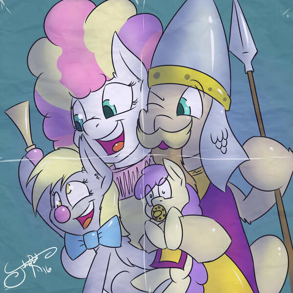 Size: 3500x3500 | Tagged: safe, artist:jorobro, derpibooru import, derpy hooves, earth pony, pegasus, pony, beard, bowtie, clothes, clown, clown nose, costume, facial hair, family, female, filly, helmet, male, mare, one eye closed, smiling, stallion, wig, wink