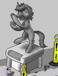 Size: 2000x2612 | Tagged: safe, artist:dombrus, derpibooru import, oc, oc:socks, unofficial characters only, pony, accident, idiot ball, image, inanimate tf, male, objectification, oops, permanent, petrification, png, rearing, stallion, statue, story included, transformation