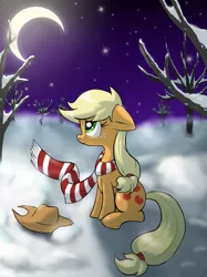 Size: 717x960 | Tagged: safe, artist:rune-blad3, deleted from derpibooru, derpibooru import, applejack, earth pony, pony, clothes, crescent moon, female, freckles, hat, mare, moon, night, scarf, sitting, snow, solo, starry night, stars, tree, winter