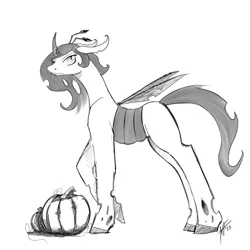 Size: 1280x1280 | Tagged: artist:negativefade, changeling, derpibooru import, food, grayscale, monochrome, oc, oc:holometa, parent:queen chrysalis, pumpkin, safe, solo, unofficial characters only