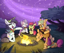 Size: 1291x1080 | Tagged: safe, artist:ponygoggles, derpibooru import, apple bloom, applejack, coloratura, scootaloo, sweetie belle, earth pony, pegasus, pony, unicorn, campfire, camping, cap, cutie mark, cutie mark crusaders, eyes closed, female, filly, guitar, hat, lip bite, mare, night, rara, scout uniform, side, singing, stars, the cmc's cutie marks, tree