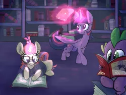 Size: 1175x887 | Tagged: safe, artist:ponygoggles, derpibooru import, moondancer, spike, twilight sparkle, twilight sparkle (alicorn), alicorn, dragon, pony, unicorn, baby, baby dragon, book, bookhorse, bookshelf, clothes, comic book, cute, dancerbetes, female, glasses, glowing horn, levitation, library, magic, male, mare, prone, reading, smiling, spikabetes, sweater, telekinesis, twiabetes