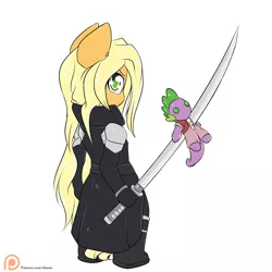 Size: 1500x1500 | Tagged: aerith gainsborough, anthro, applejack, artist:alasou, chibi, clothes, cosplay, costume, derpibooru import, final fantasy, final fantasy vii, patreon, patreon logo, plushie, safe, sephiroth, simple background, solo, spike, spike plushie, sword, weapon, white background