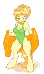 Size: 1152x1920 | Tagged: anthro, artist:bluntwhiskey, aunt orange, breasts, busty aunt orange, cleavage, clothes, derpibooru import, eyes closed, female, grin, one-piece swimsuit, solo, solo female, suggestive, swimsuit, towel, unguligrade anthro