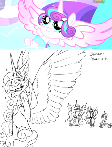 Size: 1081x1412 | Tagged: safe, artist:brisineo, derpibooru import, princess cadance, princess celestia, princess flurry heart, princess luna, alicorn, pony, the crystalling, spoiler:s06, big horn, blushing, diaper, envy, frown, hidden eyes, horn envy, impossibly large horn, impossibly large wings, older, open mouth, sitting, smiling, sparkles, spread wings, that was fast, wing envy