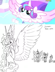 Size: 1081x1412 | Tagged: safe, artist:brisineo, derpibooru import, princess cadance, princess celestia, princess flurry heart, princess luna, alicorn, pony, the crystalling, spoiler:s06, big horn, blushing, diaper, envy, frown, hidden eyes, horn envy, impossibly large horn, impossibly large wings, older, open mouth, sitting, smiling, sparkles, spread wings, that was fast, wing envy