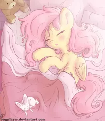 Size: 2000x2300 | Tagged: safe, artist:bugplayer, derpibooru import, angel bunny, fluttershy, pegasus, pony, bed, blanket, blushing, bugplayer is trying to murder us, cute, eyes closed, female, folded wings, mare, messy bed, messy mane, open mouth, pillow, shyabetes, sleeping, smiling, solo, sunlight, teddy bear