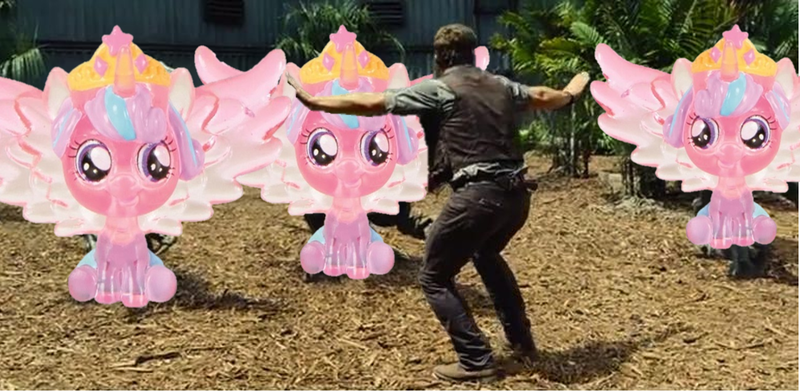 Size: 1105x542 | Tagged: crystal, derpibooru import, edit, edited screencap, implied cupcakes, implied murder, jurassic world, larson you magnificent bastard, m.a. larson, meme, merchandise, owen grady, prattkeeping, princess flurry heart, safe, screencap, spoiler:s06, toy, wat