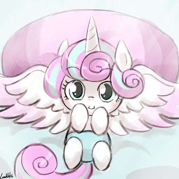 Size: 750x750 | Tagged: safe, artist:lumineko, derpibooru import, princess flurry heart, alicorn, pony, :i, baby, baby pony, bed, cute, diaper, female, filly, flurrybetes, foal, looking at you, lumineko is trying to murder us, offspring, on back, pillow, smiling, solo, spread wings, that was fast