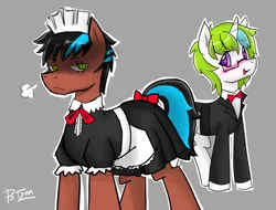 Size: 2016x1529 | Tagged: artist:potzm, blushing, clothes, crossdressing, derpibooru import, doodle, maid, oc, oc:aiden, oc:kos, safe, unofficial characters only