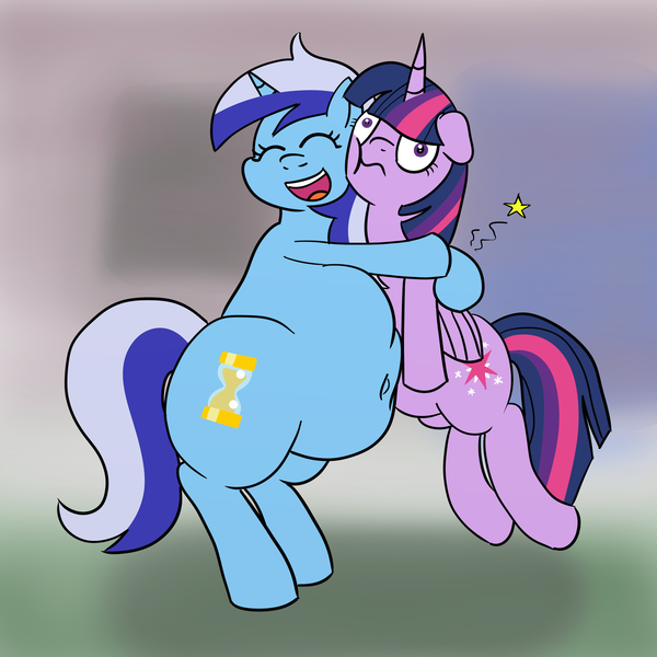 Size: 2400x2400 | Tagged: safe, artist:superninja, derpibooru import, minuette, twilight sparkle, twilight sparkle (alicorn), alicorn, pony, belly, belly button, eyes closed, fat, female, floppy ears, hug, mare, simple background