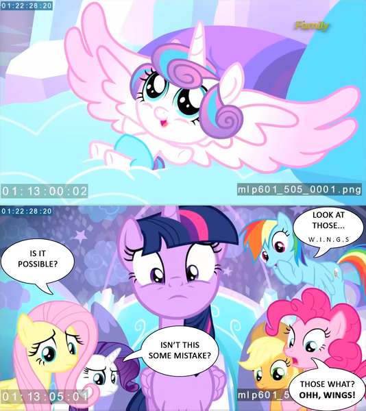 Size: 1242x1396 | Tagged: safe, derpibooru import, screencap, applejack, fluttershy, pinkie pie, princess flurry heart, rainbow dash, rarity, twilight sparkle, pony, spoiler:s06, baby, baby pony, cute, dialogue, diaper, discovery family logo, disney, drama, dumbo, flurry heart drama, flurrybetes, mane six, parody, reference, spread wings