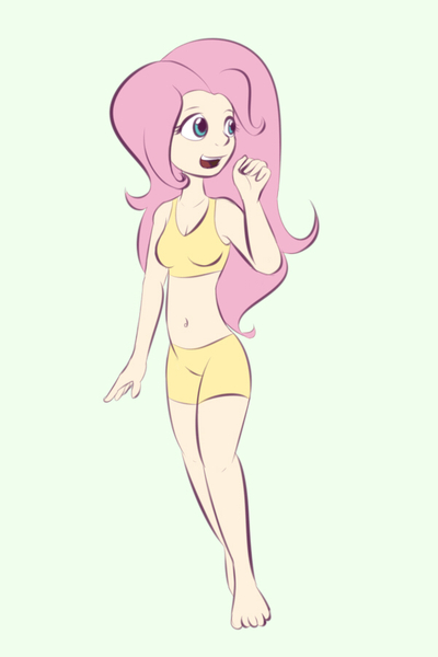 Size: 600x900 | Tagged: artist:samofbob, belly button, clothes, derpibooru import, female, fluttershy, green background, human, humanized, looking away, midriff, safe, shorts, simple background, solo, tanktop