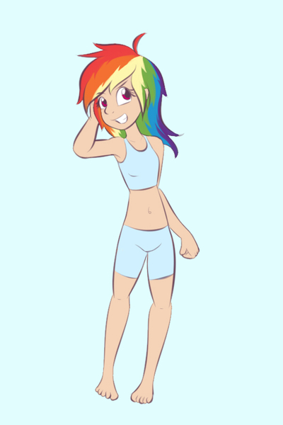 Size: 600x900 | Tagged: armpits, artist:samofbob, belly button, blue background, clothes, derpibooru import, female, human, humanized, looking at you, midriff, open mouth, rainbow dash, safe, shorts, simple background, smiling, solo, tanktop