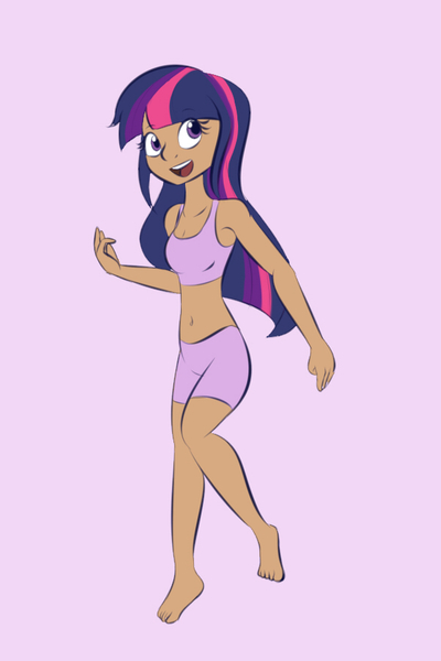 Size: 600x900 | Tagged: artist:samofbob, belly button, clothes, derpibooru import, female, human, humanized, looking at you, midriff, moderate dark skin, open mouth, pink background, safe, shorts, simple background, smiling, solo, tanktop, twilight sparkle