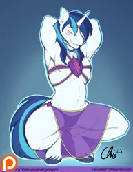 Size: 892x1155 | Tagged: anthro, arm behind head, armpits, artist:nekocrispy, bare chest, belly button, belly dancer, belly dancer outfit, blushing, clothes, crossdressing, dancing, derpibooru import, horn, horn ring, lip bite, male, muscles, patreon, patreon logo, see-through, sexy armor, shining armor, solo, solo male, squatting, suggestive, topless, unguligrade anthro
