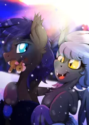 Size: 1358x1920 | Tagged: safe, artist:rariedash, derpibooru import, oc, oc:au hasard, oc:panne, unofficial characters only, bat pony, pony, blizzard, couple, fangs, gingerbread pony, mouth hold, pasard, slit eyes, smiling, snow, snowfall