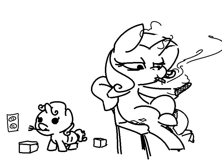 Size: 781x577 | Tagged: safe, artist:nobody, derpibooru import, rarity, sweetie belle, pony, baby, baby pony, bad parenting, chair, cigarette, dark comedy, electrical outlet, foal, foalsitter, fork, imminent electrocution, magic, monochrome, nail file, neglect, second hand smoke, sitting, sketch, smoking, sweetie fail, telekinesis, this will end in tears and/or death, this will not end well, ungrounded socket, younger
