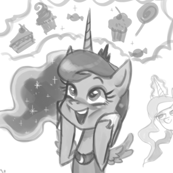 Size: 667x666 | Tagged: safe, artist:ehfa, derpibooru import, princess celestia, princess luna, alicorn, pony, cake, chibi, duo, female, food, glowing horn, grayscale, magic, mare, monochrome, simple background, telekinesis, white background