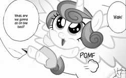 Size: 930x581 | Tagged: suggestive, derpibooru import, princess flurry heart, alicorn, pony, spoiler:s06, bed, comedy and tragedy, dialogue, diaper, implied babycon, implied foalcon, monochrome, on back, open mouth, pomf, smiling, solo, spread wings, wah, what are we gonna do on the bed?