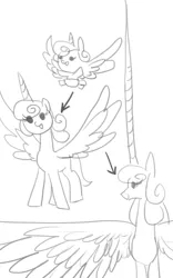 Size: 546x875 | Tagged: artist needed, derpibooru import, impossibly large horn, impossibly large wings, monochrome, older, princess flurry heart, safe, source needed, spoiler:s06, spread wings, wat