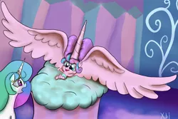 Size: 2994x2000 | Tagged: safe, artist:xbi, derpibooru import, princess flurry heart, pony, the crystalling, baby, baby pony, cloud, drama, exaggerated anatomy, flurry heart drama, impossibly large horn, impossibly large wings, large wings, open mouth, smiling, spread wings, this isn't even my final form, tongue out, wide eyes