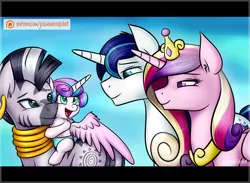 Size: 1280x939 | Tagged: dead source, safe, artist:jcosneverexisted, derpibooru import, princess cadance, princess flurry heart, shining armor, zecora, alicorn, pony, unicorn, zebra, spoiler:s06, baby, baby pony, diaper, disney, ear piercing, earring, female, happy, jewelry, lidded eyes, male, mare, open mouth, patreon, patreon logo, piercing, reference, smiling, spread wings, the lion king, wings