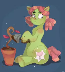 Size: 1980x2200 | Tagged: artist:mili-kat, derpibooru import, dirt, filly, gardening, plant, safe, solo, tree hugger, trowel