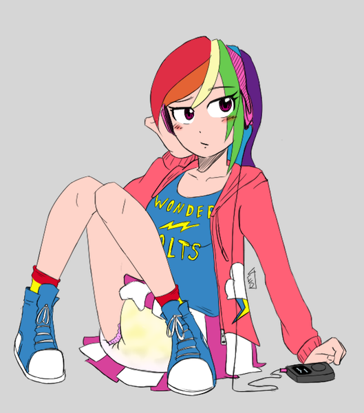 Size: 600x681 | Tagged: artist:geotastic, clothes, colored, color edit, converse, derpibooru import, diaper, diaper fetish, edit, female, fetish, human, humanized, questionable, rainbow dash, shoes, skirt, sneakers, sneakers fetish, solo, solo female, upskirt, urine, wet diaper