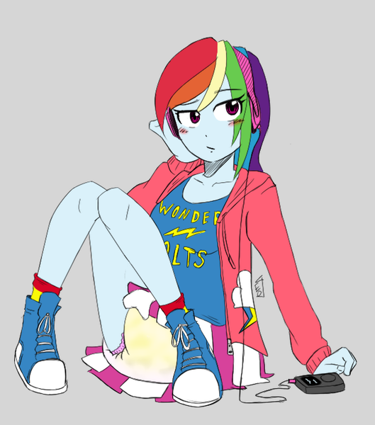 Size: 600x681 | Tagged: questionable, artist:geotastic, color edit, derpibooru import, edit, rainbow dash, equestria girls, clothes, colored, converse, diaper, diaper fetish, female, fetish, shoes, skirt, sneakers, sneakers fetish, solo, solo female, upskirt, urine, wet diaper