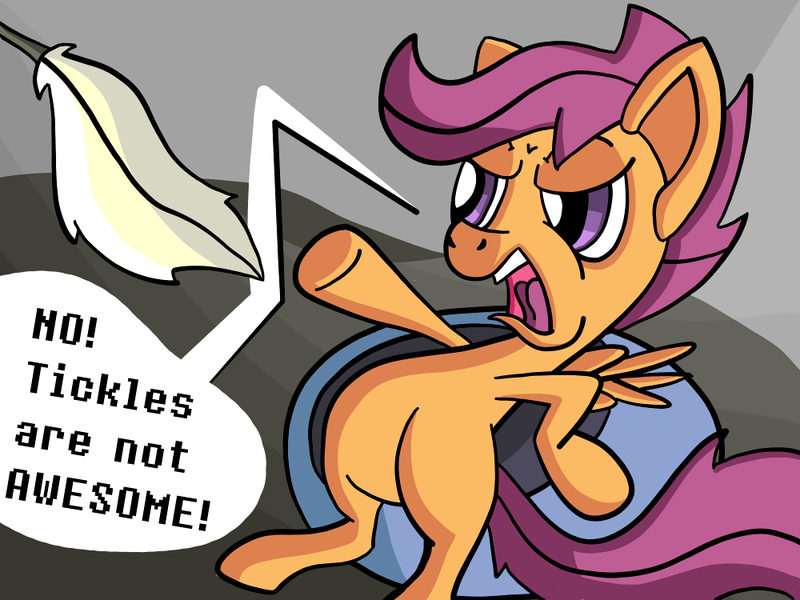 Size: 1000x750 | Tagged: angry, artist:fillerartist, derpibooru import, feather, safe, scootaloo, solo, speech bubble, tickling, unamused