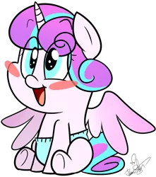 Size: 1665x1885 | Tagged: safe, artist:befishproductions, derpibooru import, princess flurry heart, alicorn, pony, spoiler:s06, baby, baby pony, blushing, cute, diaper, female, flurrybetes, open mouth, signature, simple background, smiling, solo, transparent background